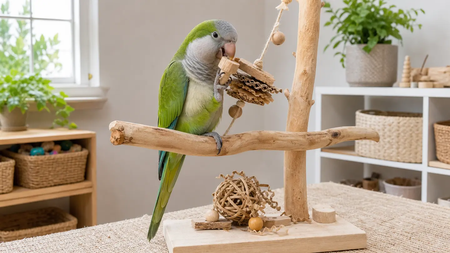 Quaker parrot chewing a bird-safe wood toy on a tabletop play stand.