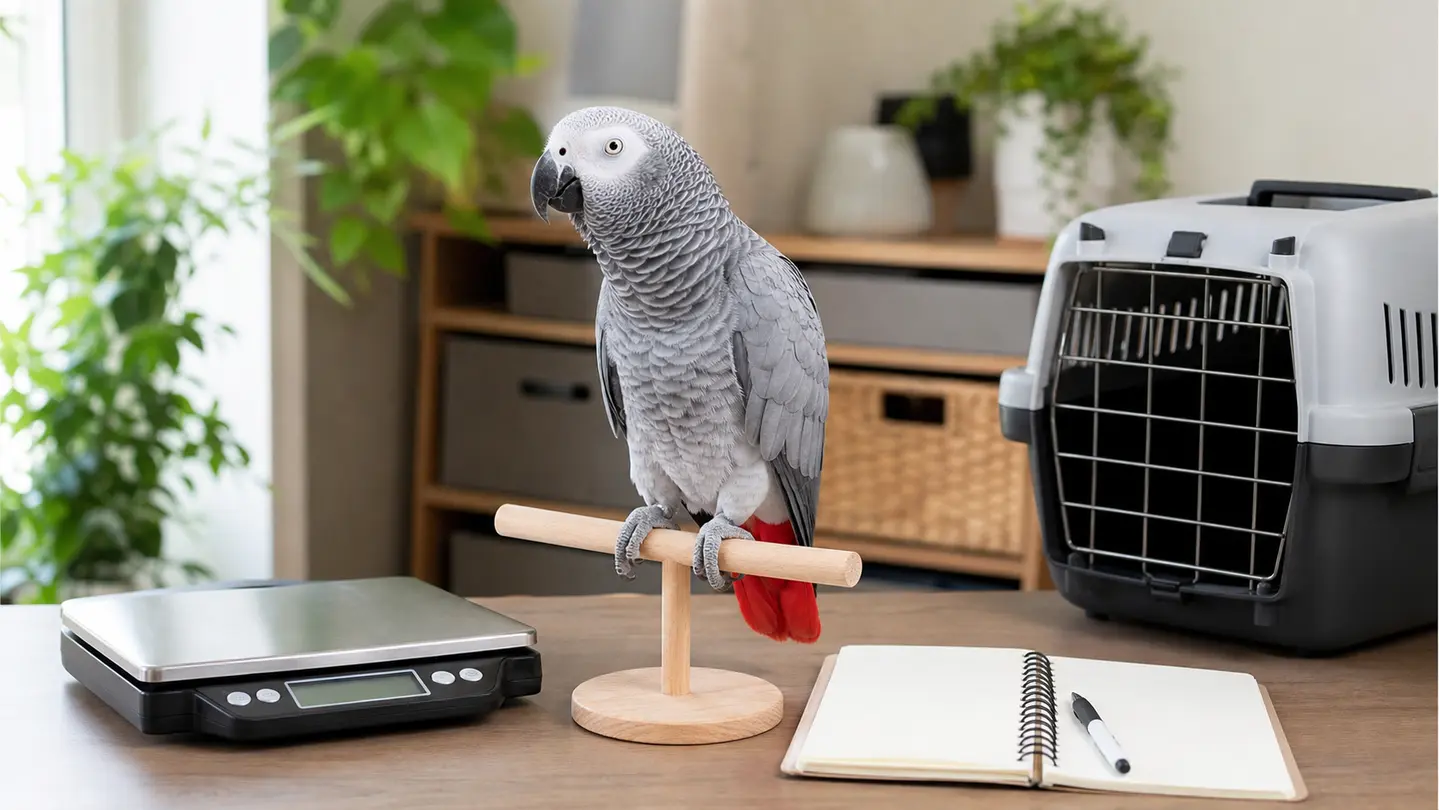 African grey parrot on a low perch beside a gram scale, blank care notebook, and bird carrier.