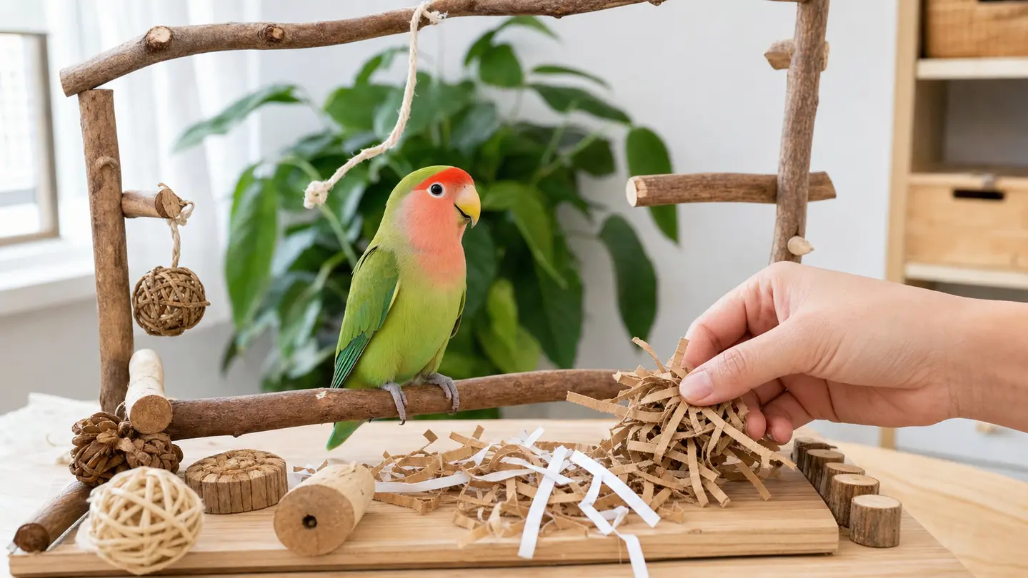 Lovebird on a tabletop play stand with safe shredding and chewing items in a bright room.