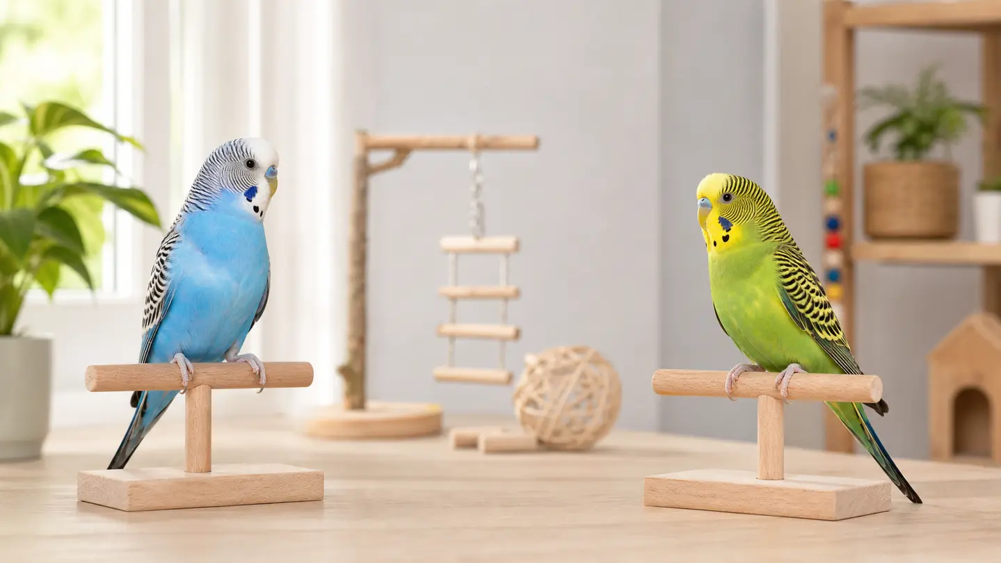 Two budgies on separate tabletop perches calmly watching each other with safe space between them.