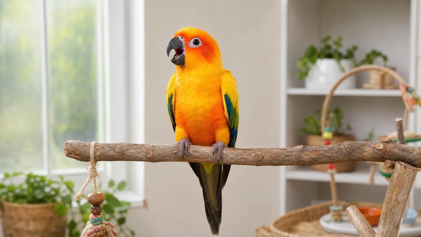 Sun conure on a natural perch giving a normal call in a bright calm bird-care room.