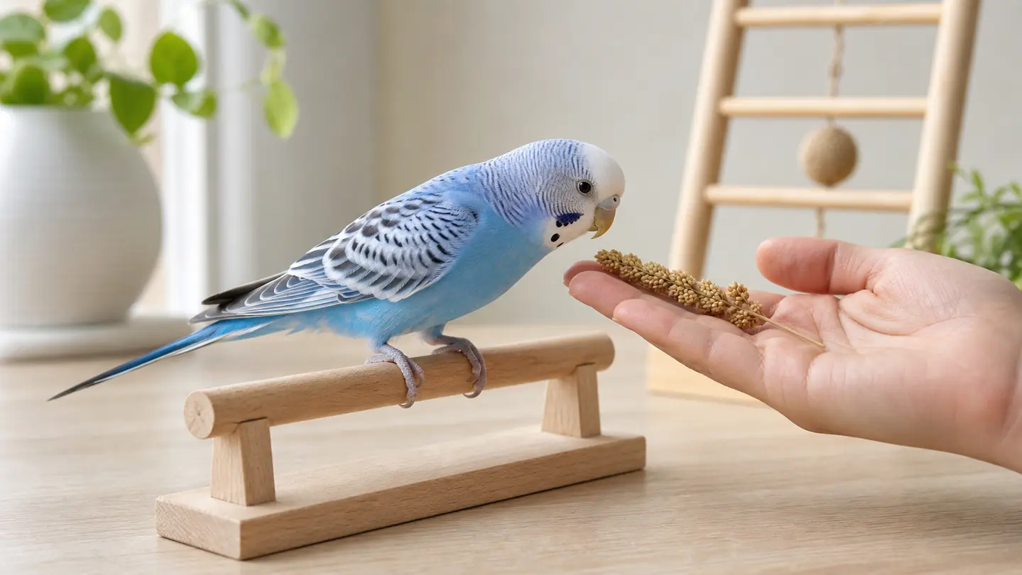 Blue budgie choosing to lean toward millet held beside a low tabletop perch.