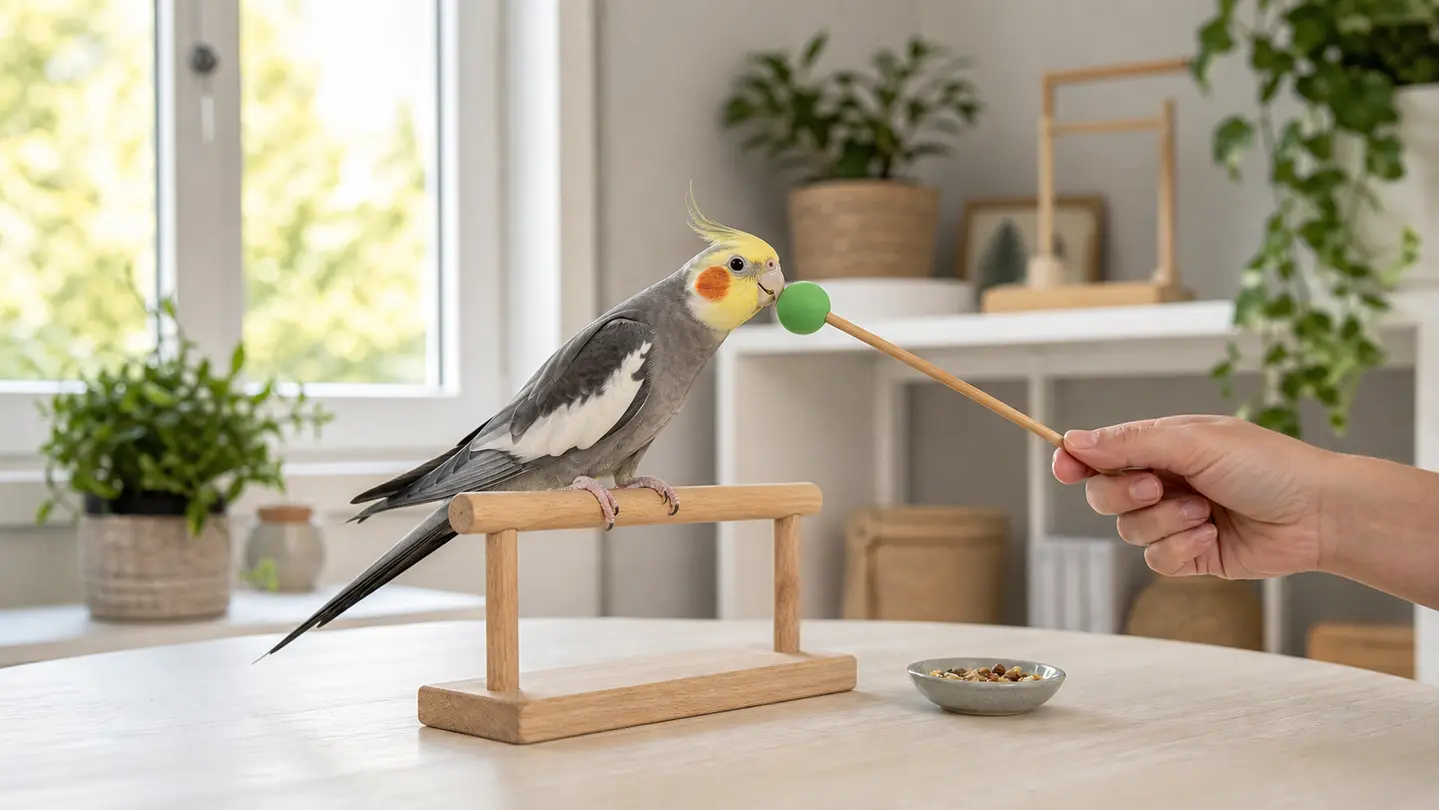 Cockatiel touching a target stick on a tabletop training perch with tiny treats nearby.