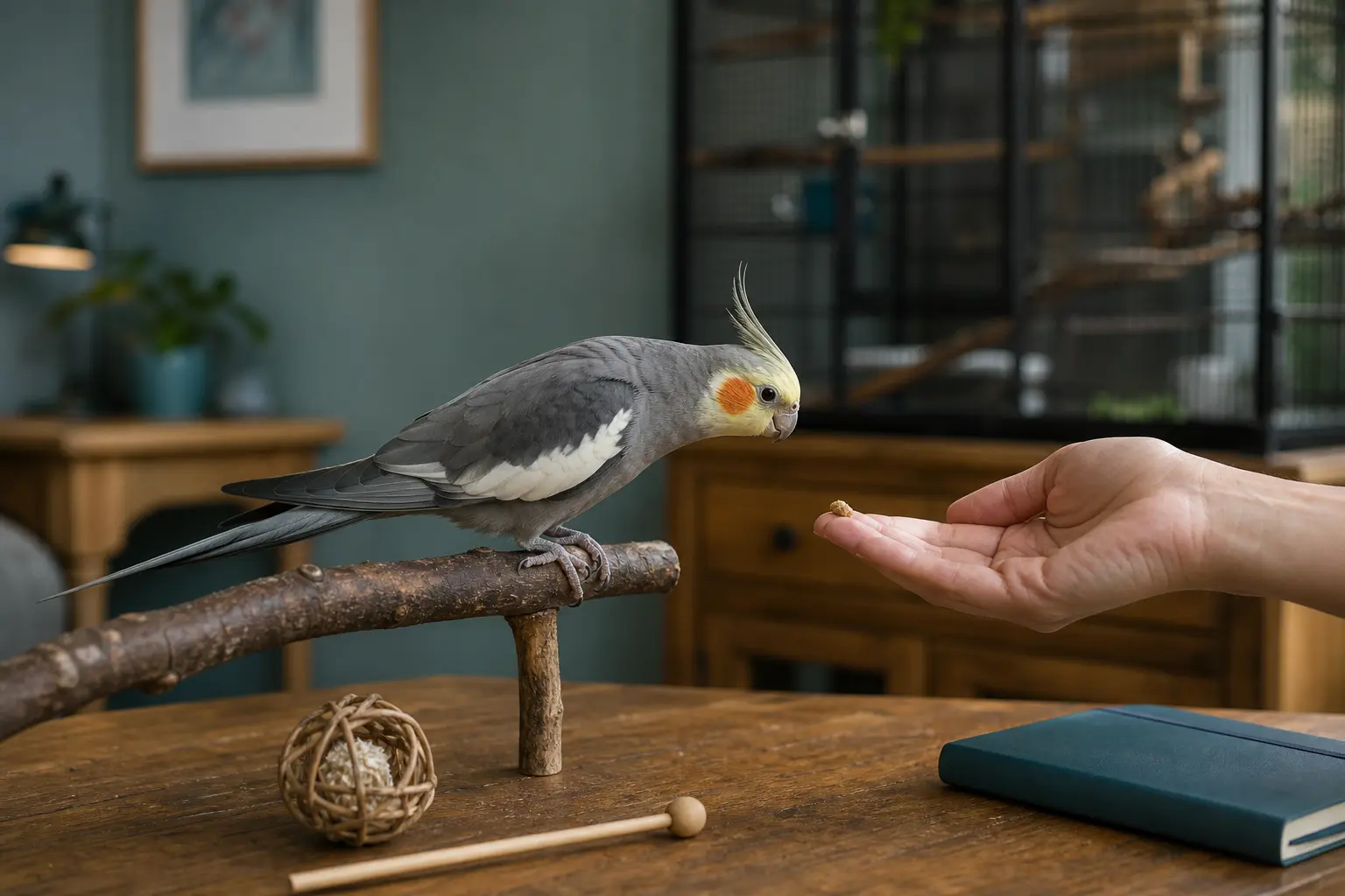 Cockatiel calmly choosing to approach a hand offering millet on a low tabletop perch.
