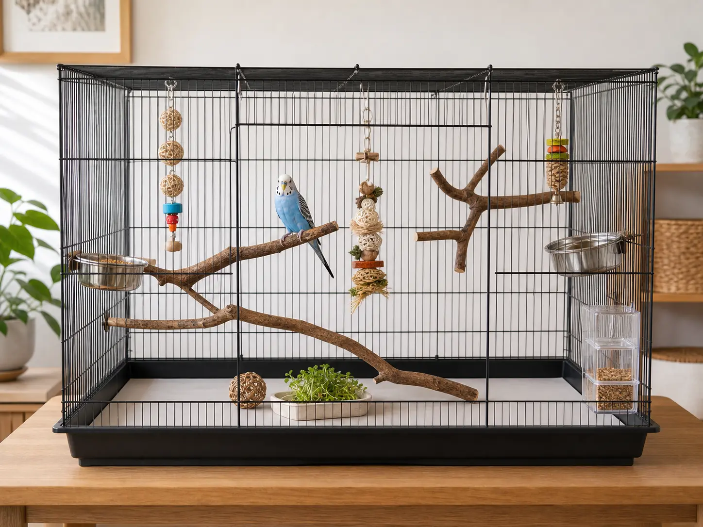 Budgie in a roomy rectangular cage with paper liner, natural branch perches, stainless bowls, chew toys, and foraging enrichment.