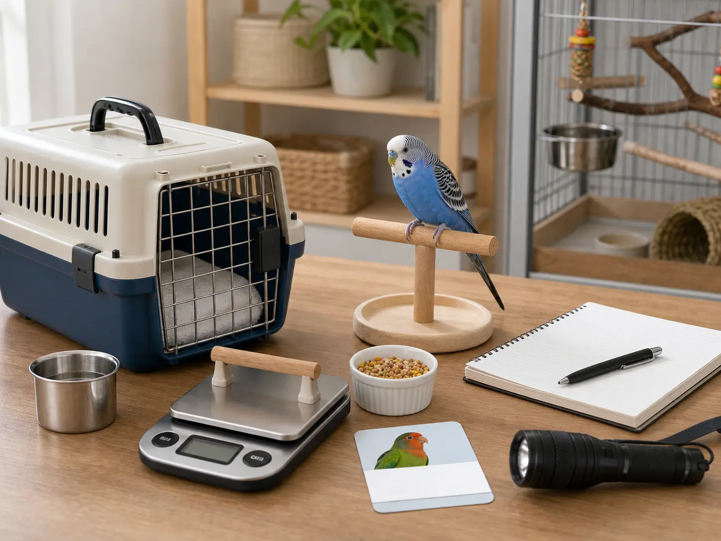 Bird emergency prep setup with hard-sided carrier, towel liner, gram scale, care notebook, water cup, food sample, and flashlight.