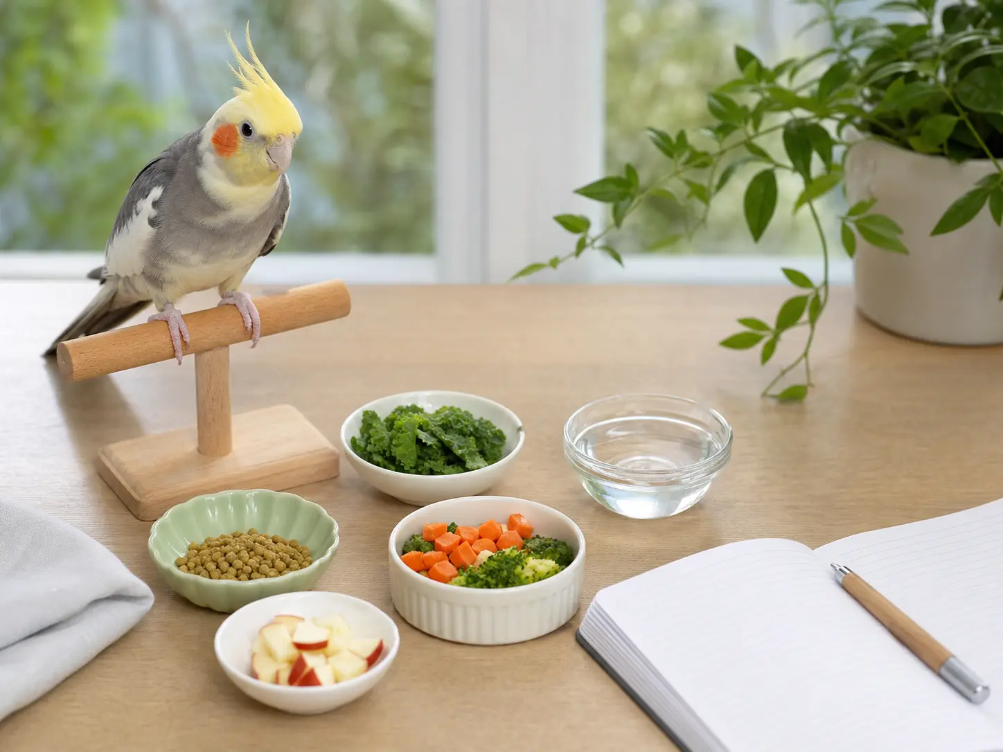 Cockatiel beside pellets, leafy greens, chopped vegetables, a tiny fruit portion, clean water, and food notes.