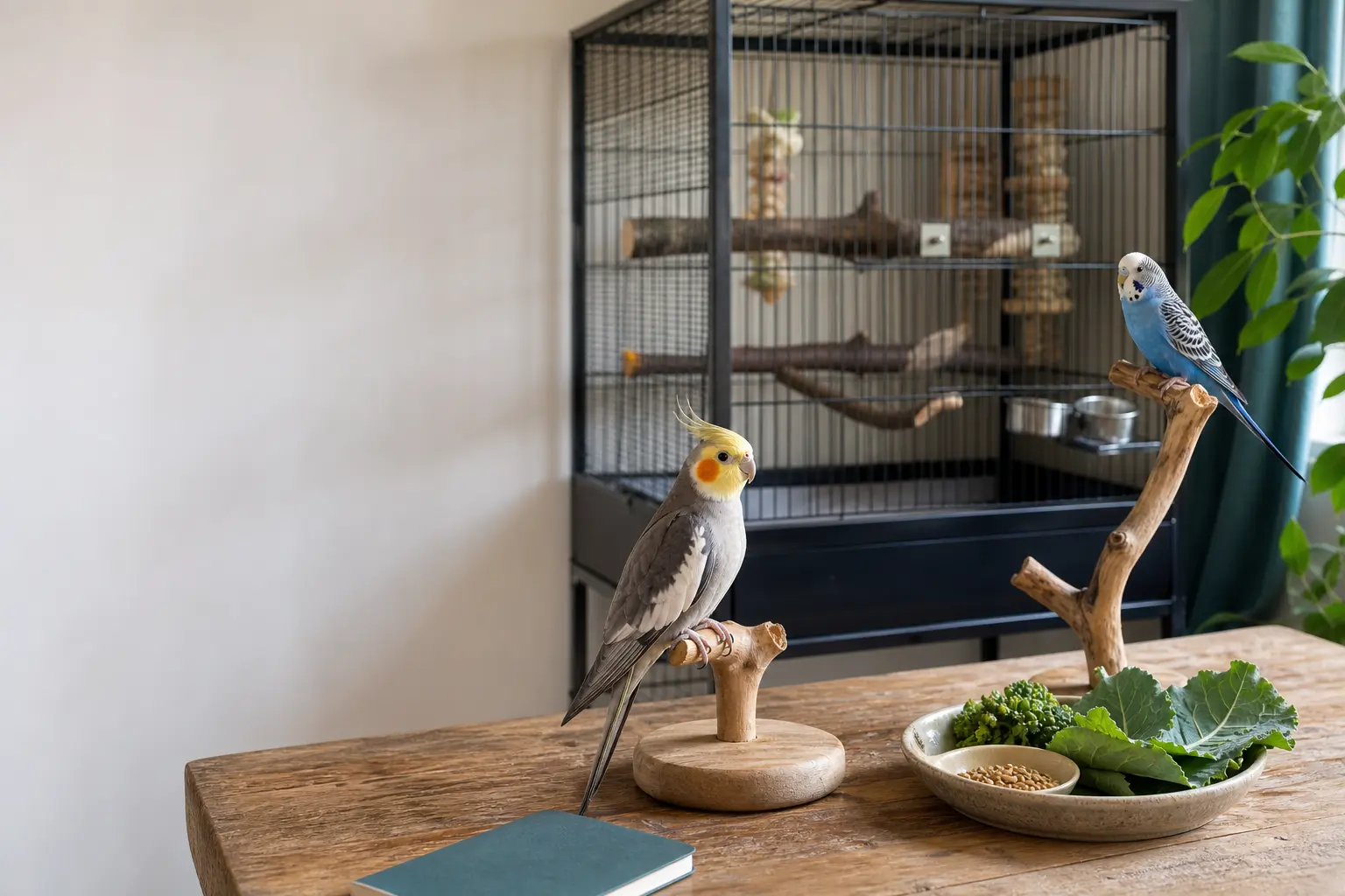 Cockatiel and budgie in separate safe bird care areas with a roomy rectangular cage, bowls, perches, toys, greens, and care notes.