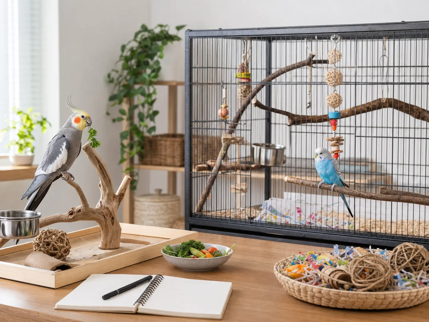 Cockatiel and budgie in separate safe bird care areas with a roomy rectangular cage, bowls, perches, toys, greens, and care notes.