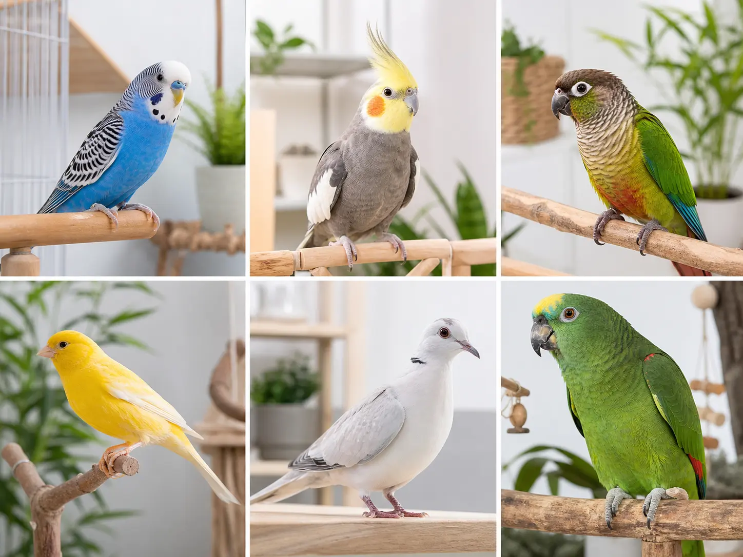 Budgie, cockatiel, conure, canary, dove, and parrot shown in separate companion-bird portrait panels.