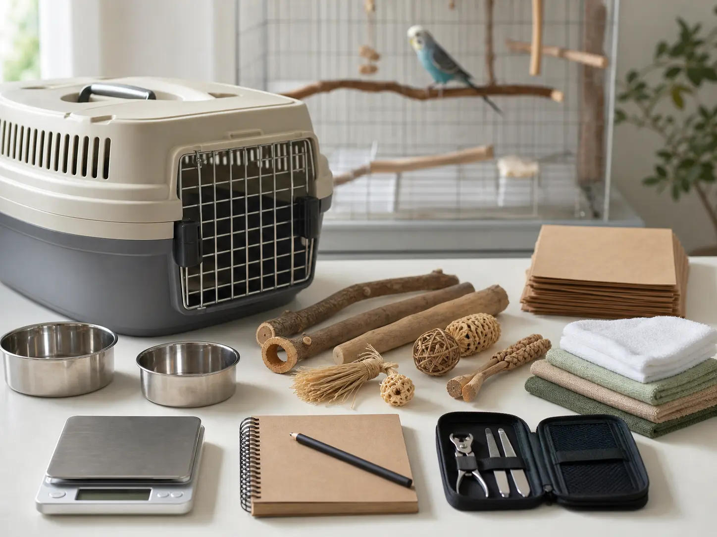 Bird starter supplies with carrier, bowls, natural perches, chew toys, paper liners, scale, towel, and care notebook.
