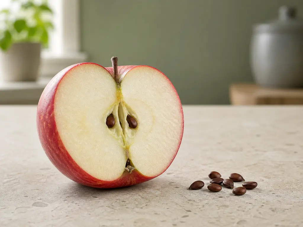 A cut apple, removed core, and visible apple seeds arranged for a bird food-safety check