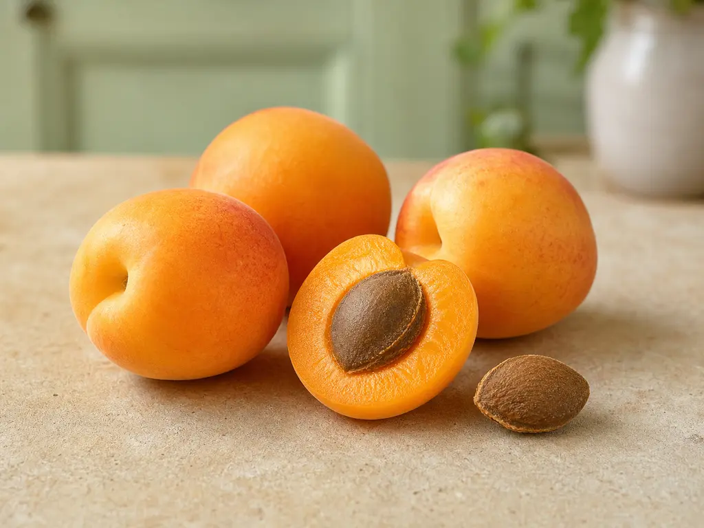 Fresh apricots, halved apricot flesh, and removed apricot stones arranged for a bird food-safety check