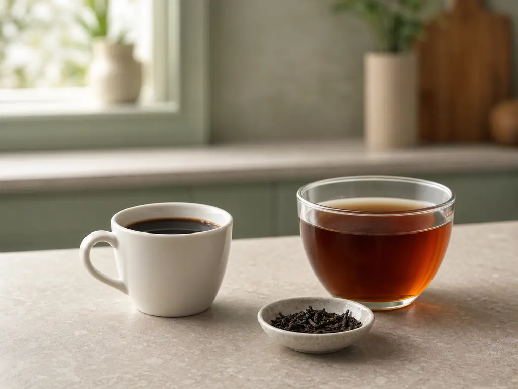 Black coffee, brewed tea, loose tea leaves, and a caffeine tablet arranged for a bird food-safety check