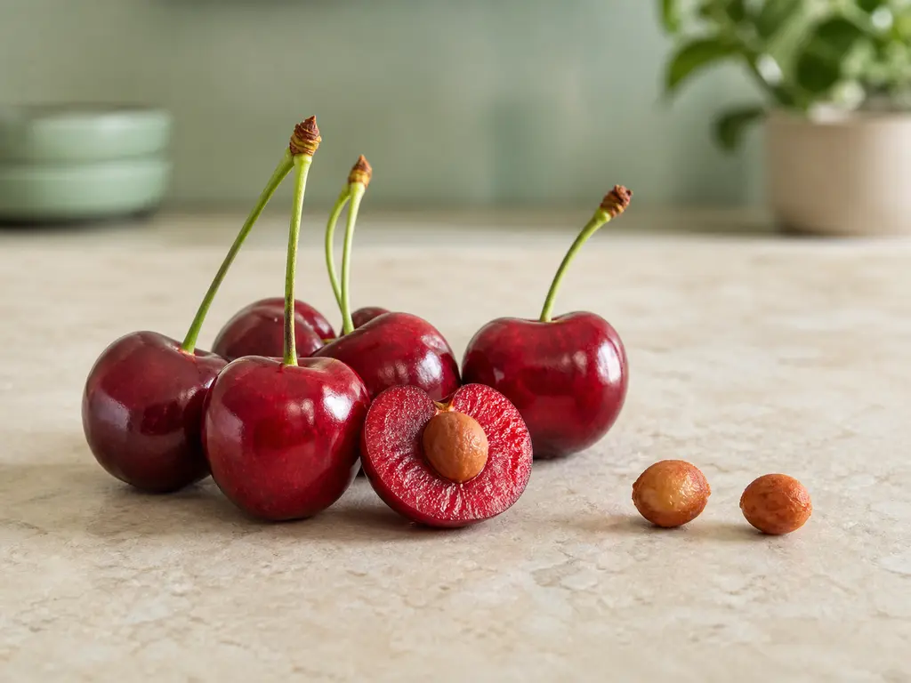 Fresh cherries, pitted cherry halves, and removed cherry stones arranged for a bird food-safety check