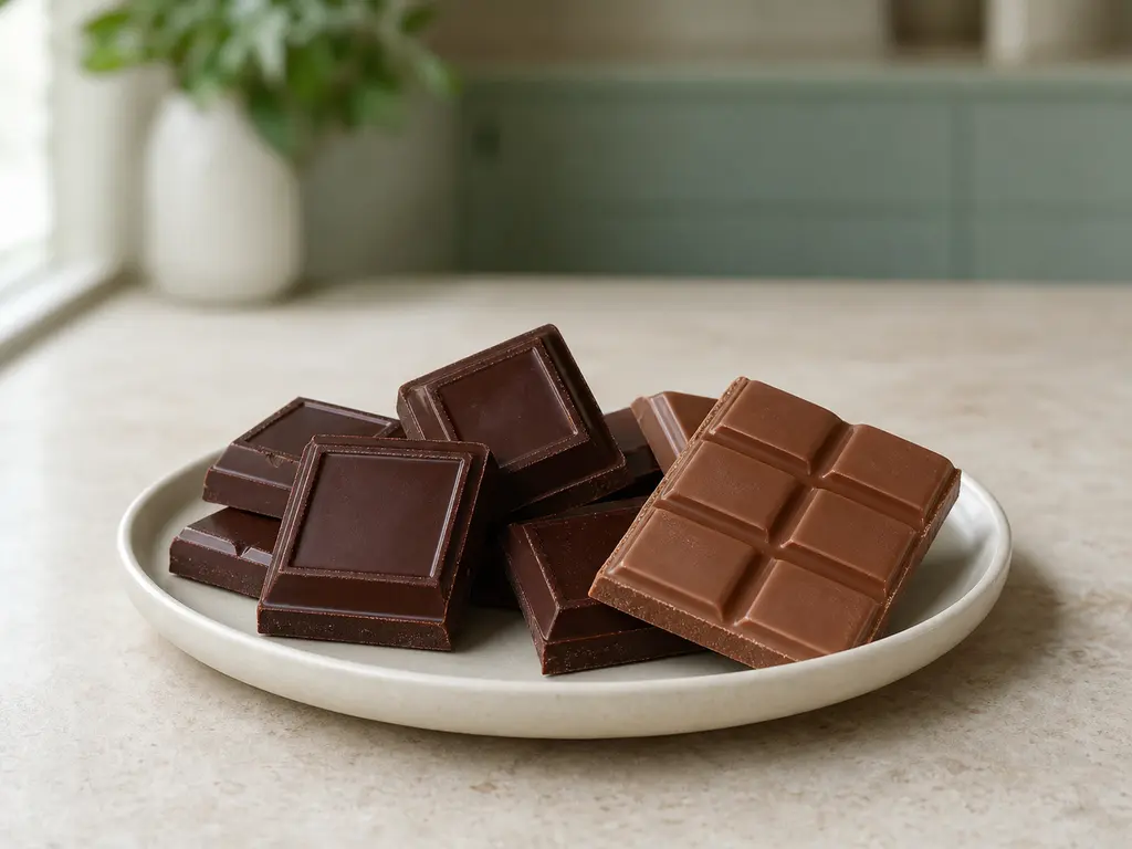 Dark chocolate, milk chocolate, cocoa powder, and chocolate pieces arranged for a bird food-safety check