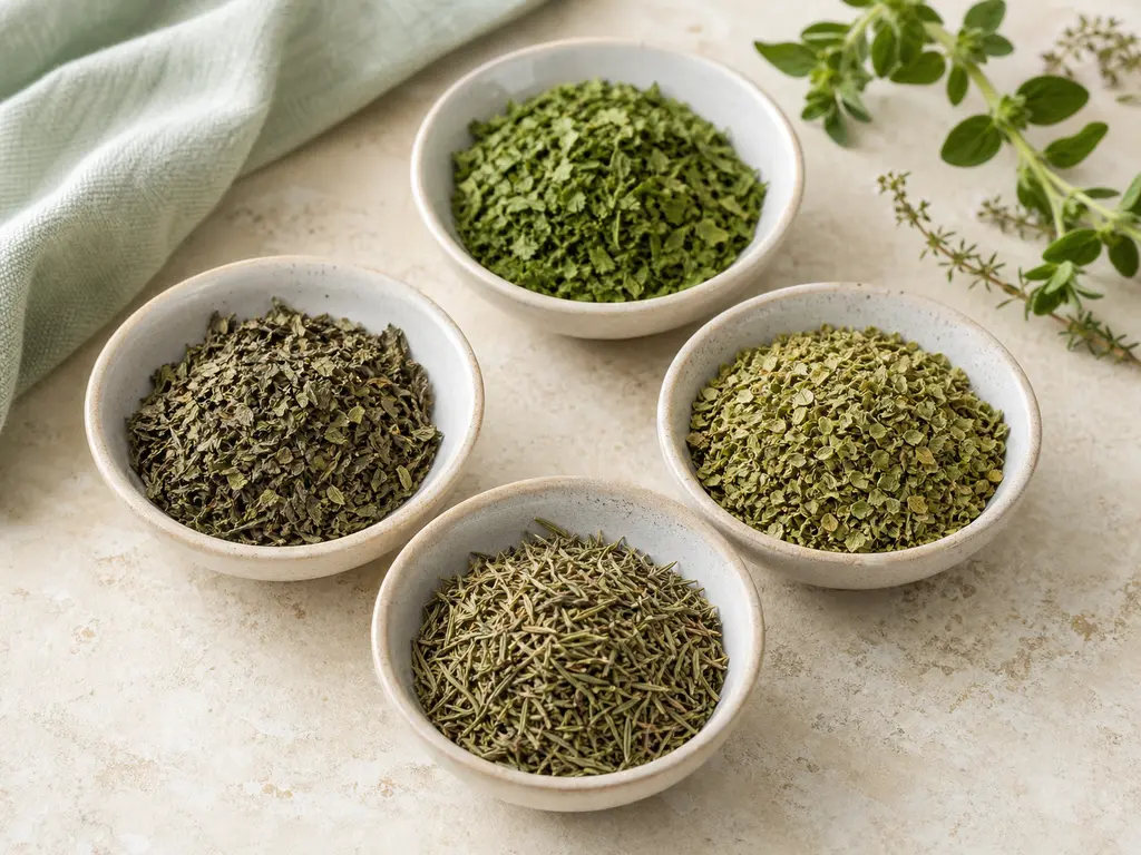Dried Herbs prepared for a companion bird food-safety check