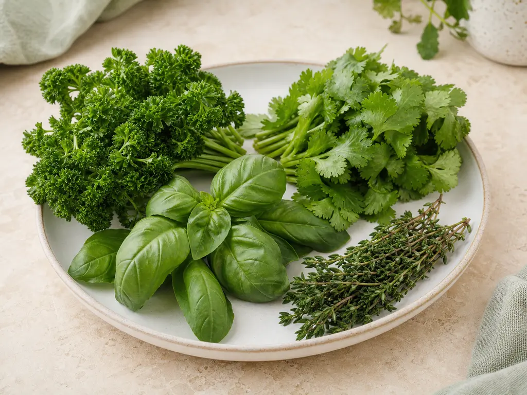 Fresh Herbs prepared for a companion bird food-safety check