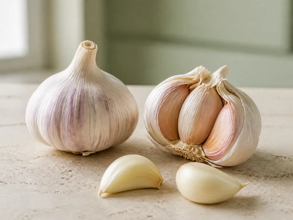 Whole garlic bulbs, peeled cloves, and garlic powder arranged for a bird food-safety check