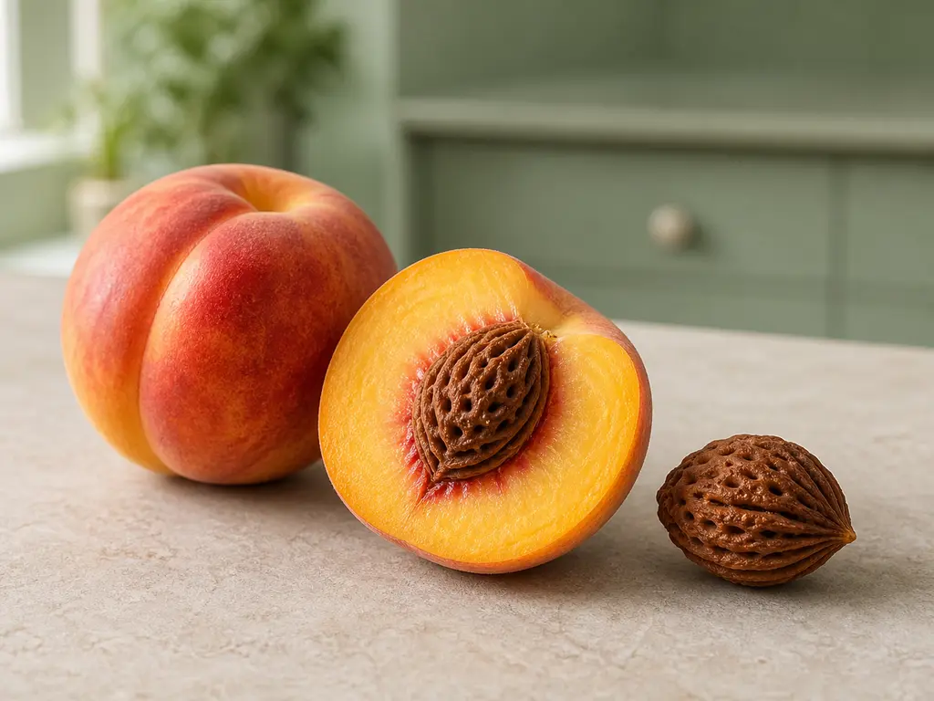 A fresh peach, sliced peach flesh, and a removed peach stone arranged for a bird food-safety check