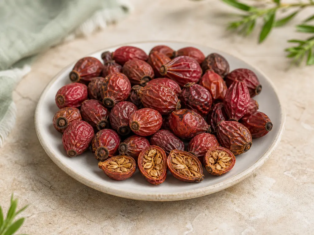Rose Hips prepared for a companion bird food-safety check