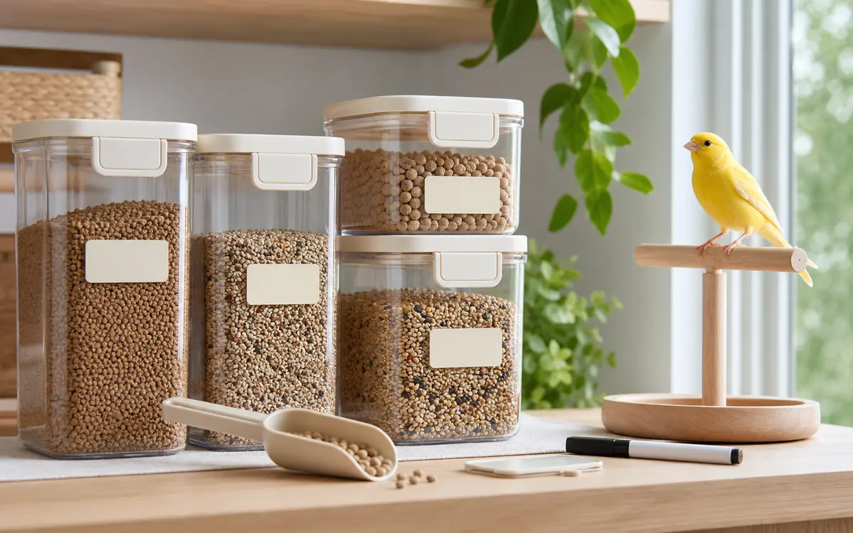 Airtight bird food storage containers with scoop, blank labels, and a canary perched nearby.
