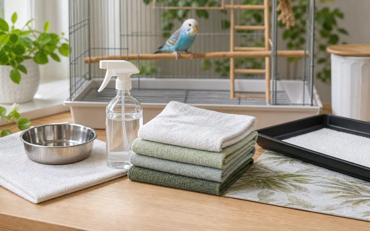 Bird-safe cleaning cloths, water spray bottle, stainless bowl, clean tray, and a budgie in the background.
