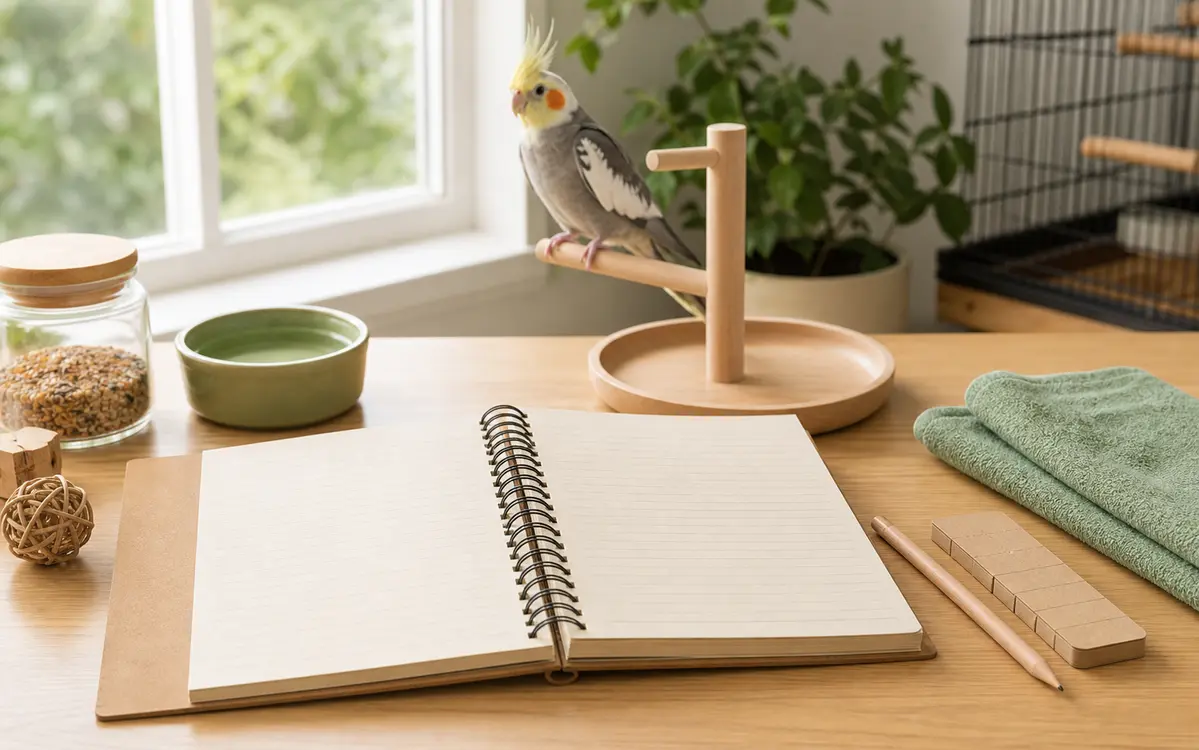 Open blank bird care notebook with pencil, small supplies, and a cockatiel on a tabletop stand.
