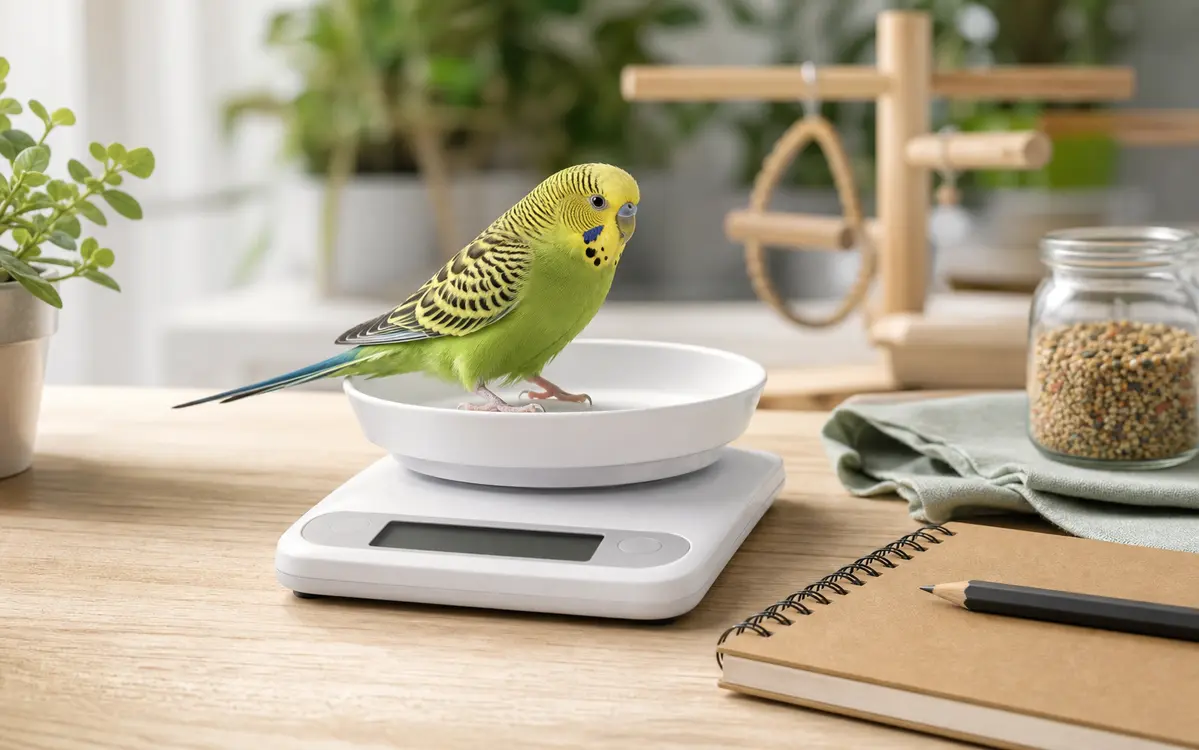 Digital gram scale with a budgie standing calmly on the scale beside a care notebook.