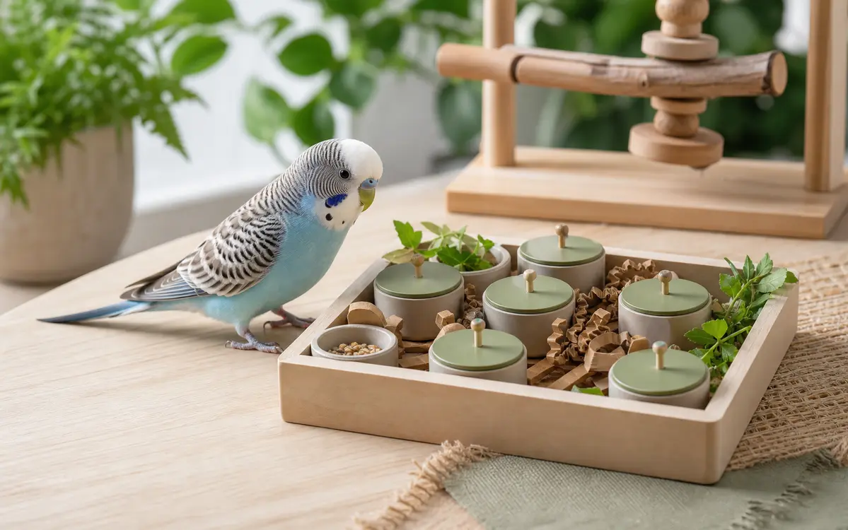 Bird foraging tray with covered cups, pellets, greens, and a curious budgie beside the puzzle.