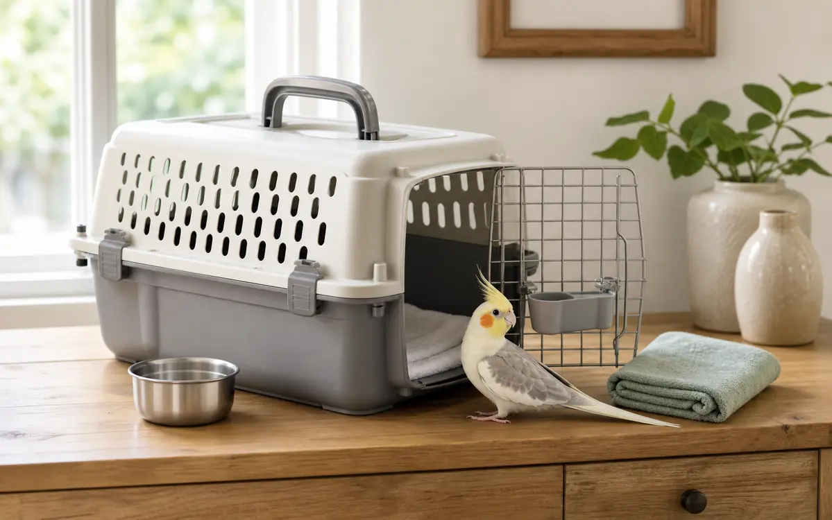 Hard-sided bird carrier with towel liner, stainless bowl, and a cockatiel calmly beside the open carrier.