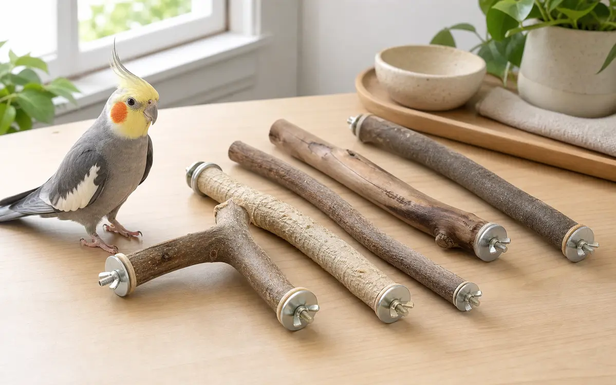 Natural wood bird perch set with varied diameters and a cockatiel beside the perches on a bright table.