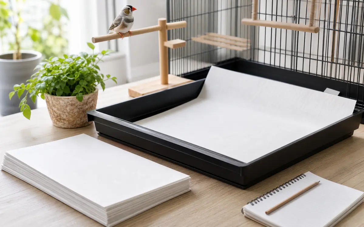 Plain paper cage liners stacked beside a clean removable cage tray and a small finch on a nearby stand.