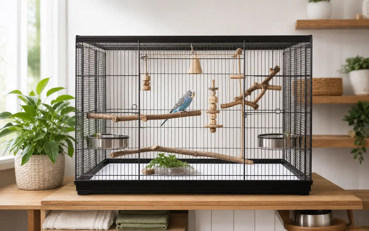 Roomy rectangular bird cage with natural perches, stainless bowls, paper liner, and a budgie in a bright bird-care room.