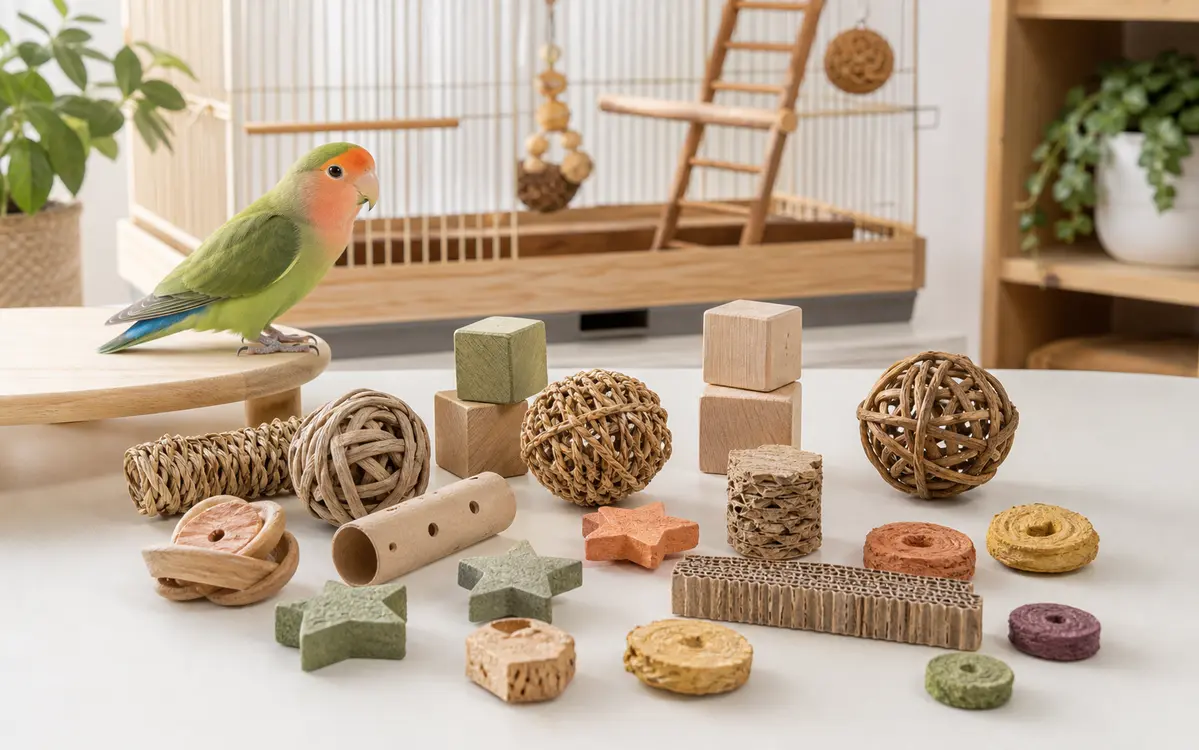 Bird-safe chew toys made from natural wood, paper, vine, and vegetable-dyed pieces with a lovebird nearby.