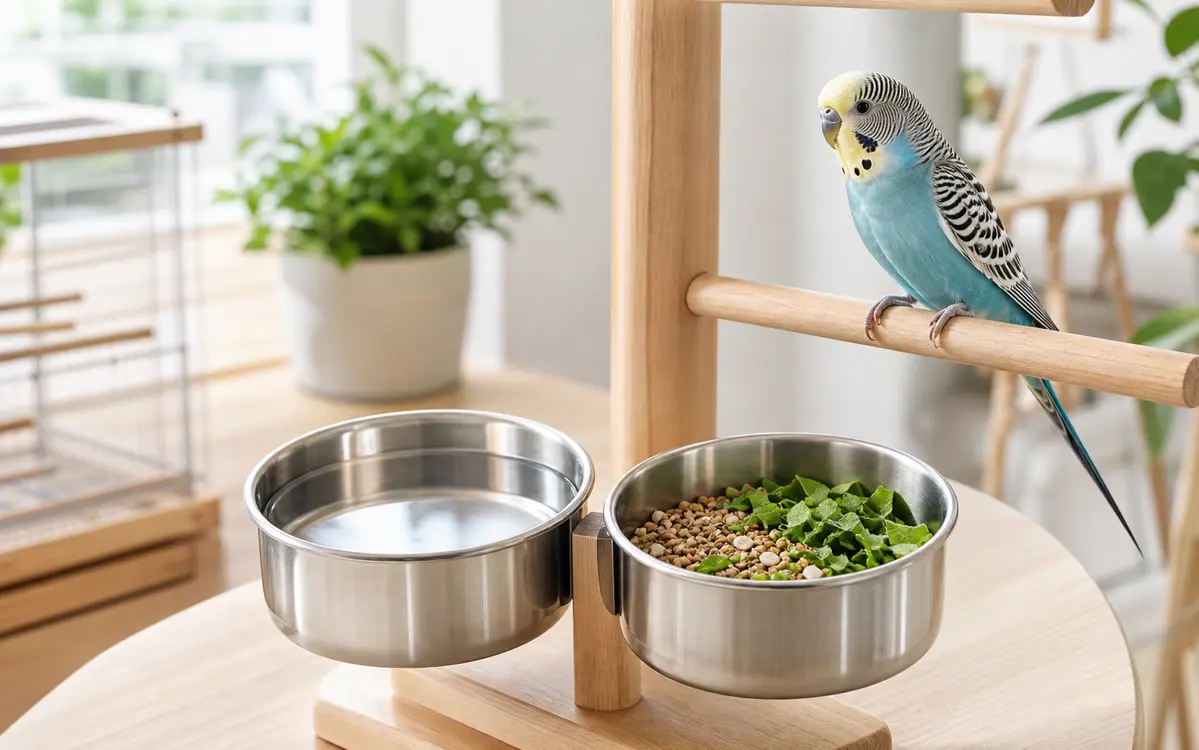 Stainless bird bowls with clean water, pellets, greens, and a budgie perched beside the feeding station.