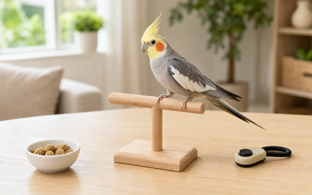 Tabletop bird training perch with a cockatiel standing on the perch beside small training treats.