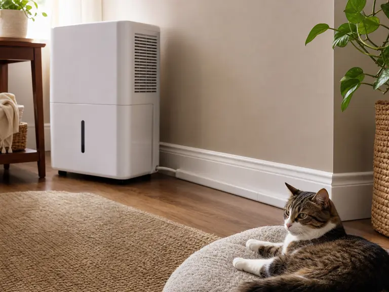Dehumidifier cord enclosed in a sturdy protector along the baseboard