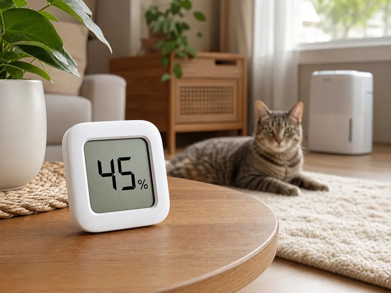 Digital hygrometer reading 45 percent in a calm cat-friendly room