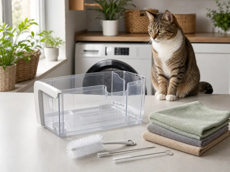 Empty dehumidifier reservoir with bottle brushes and washable cloths