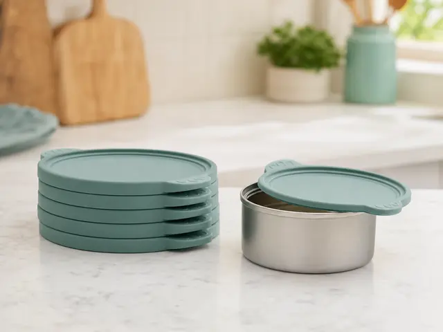 Silicone pet food can lids beside a plain opened can