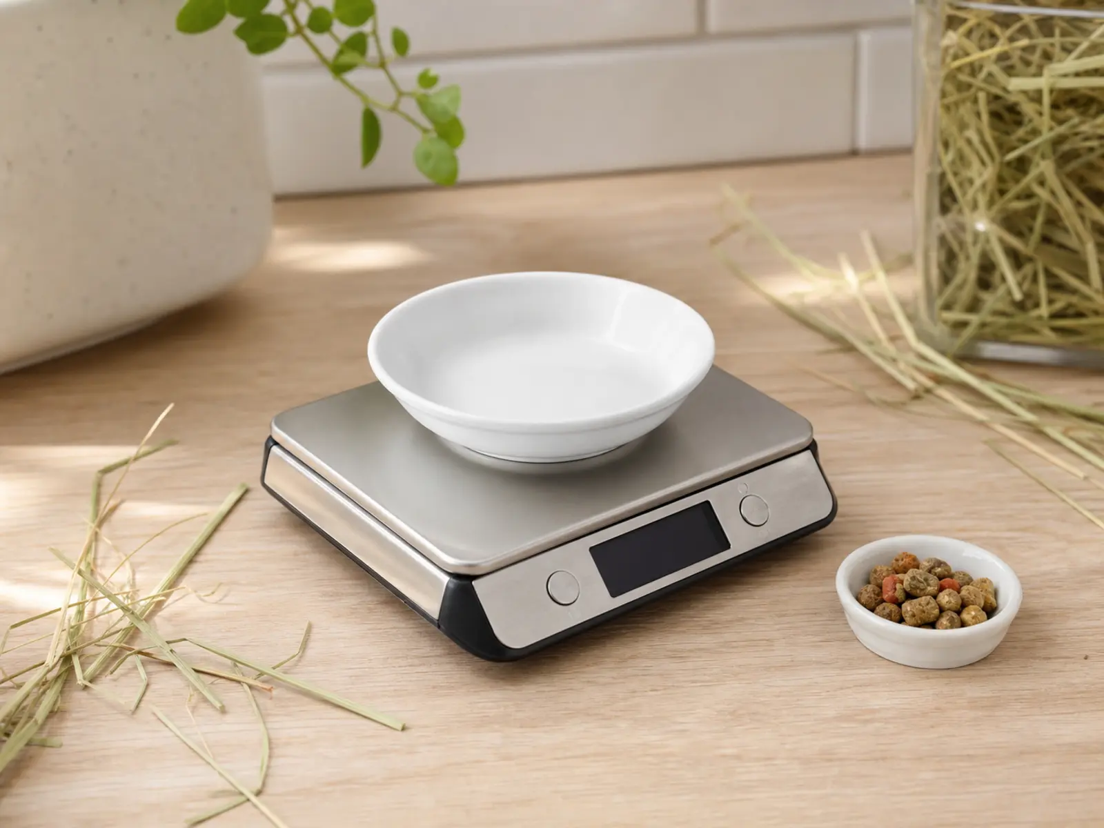Digital gram scale with a small dish on a clean pet-care counter