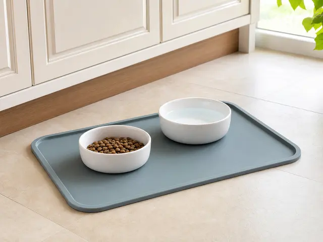 Washable feeding mat under a cat bowl setup