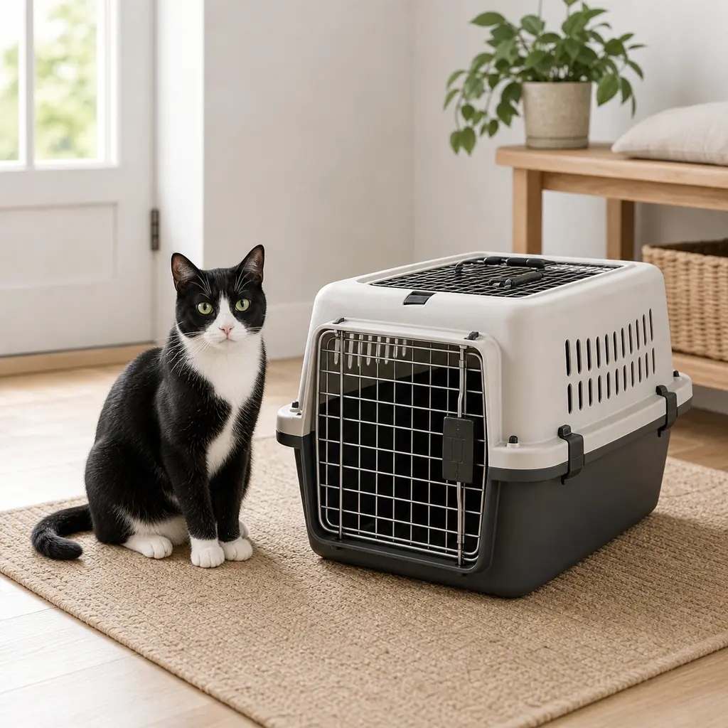 Hard-sided cat carrier ready for a veterinary visit