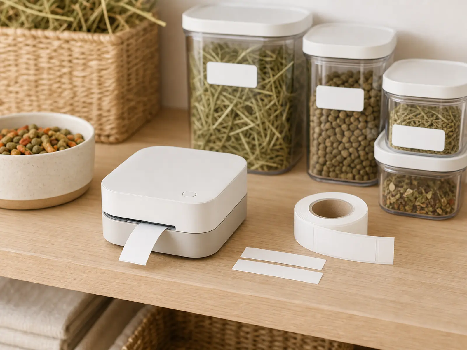 Label maker beside dated pet food containers
