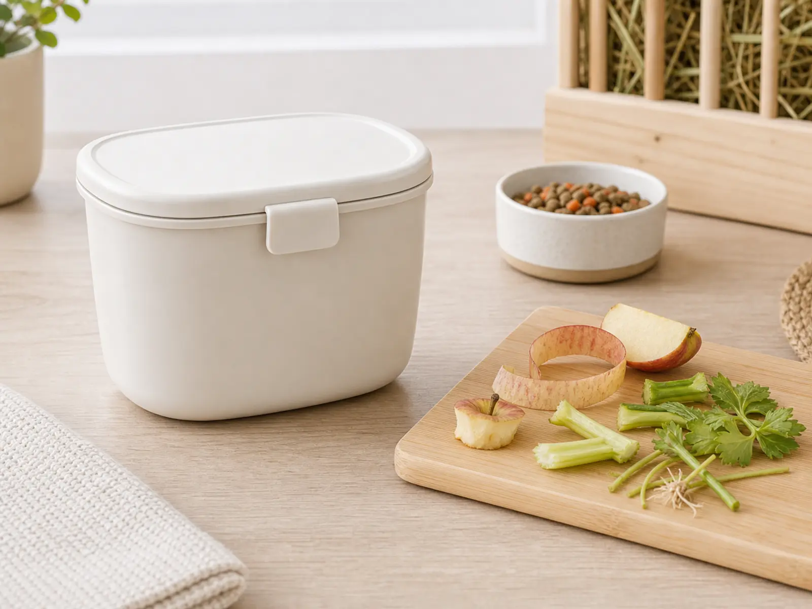 Small lidded scrap bin on a clean counter