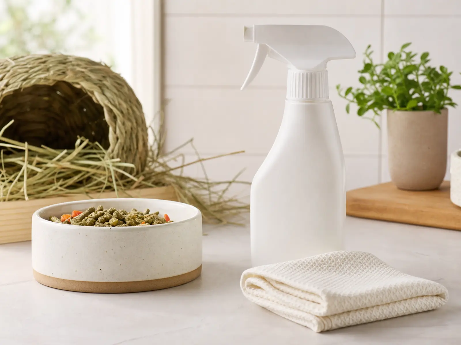 Pet-safe cleaner beside a clean food station