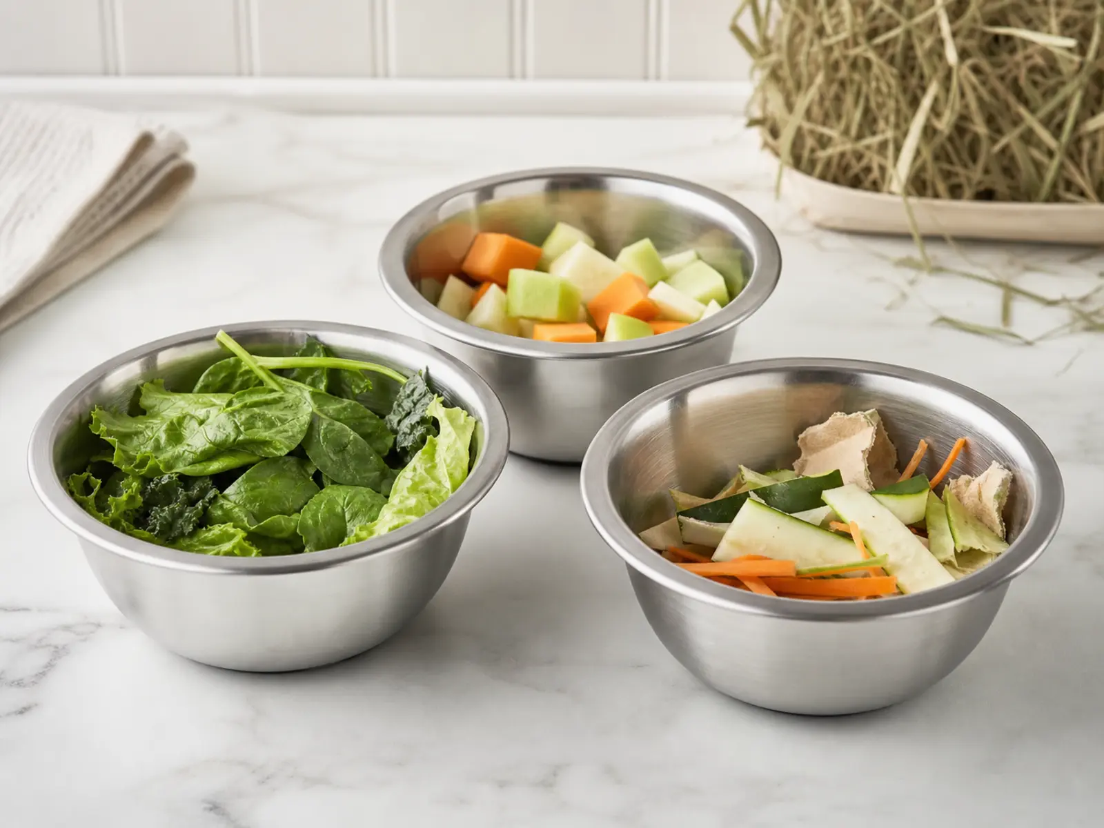 Small stainless prep bowls with clean food pieces