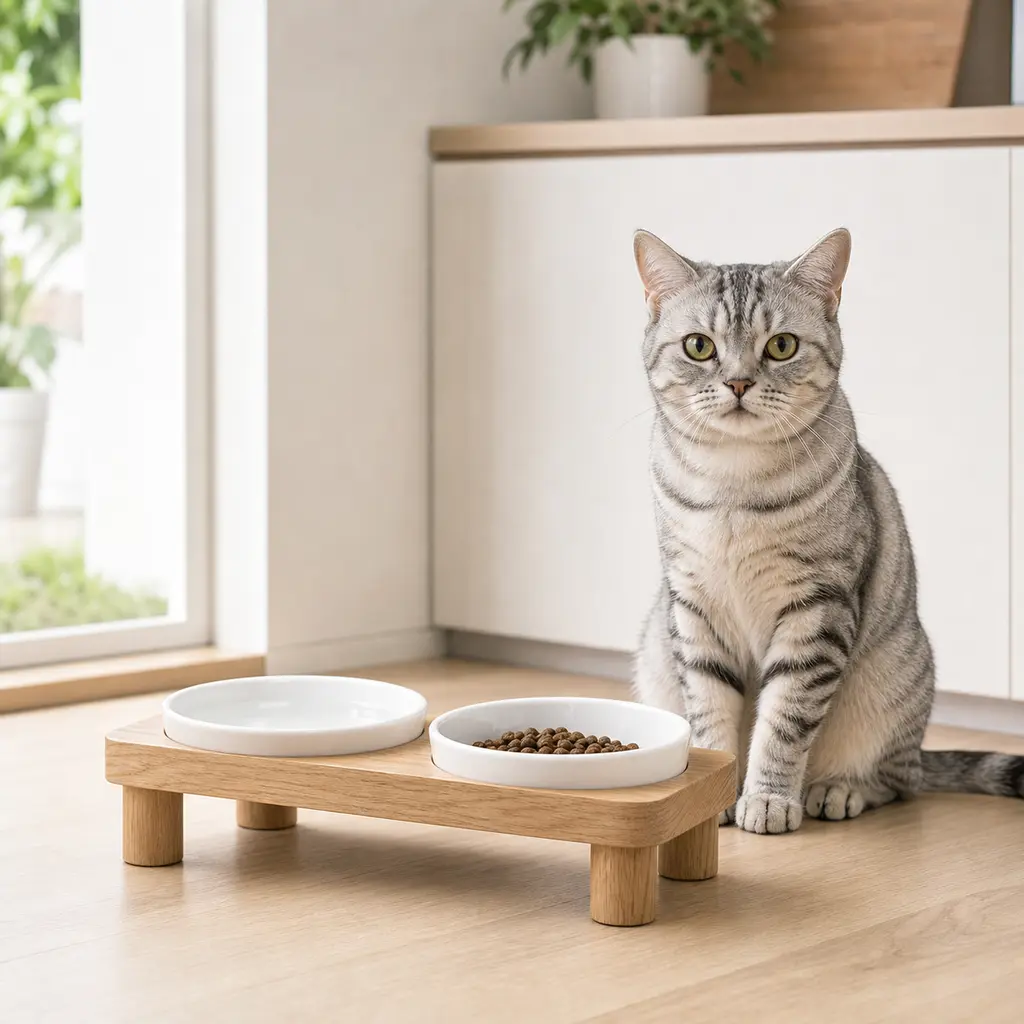 Raised ceramic cat bowl stand for a steady feeding station