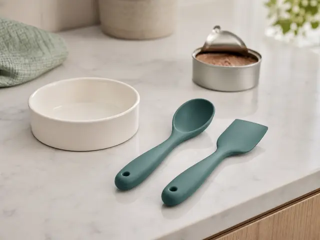 Silicone pet food spoon and spatula beside a clean bowl